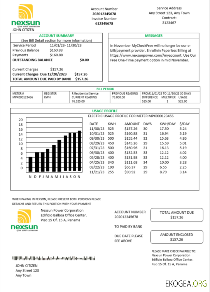 Modèle Word et PDF de facture de service public d'électricité de Panama Nexsun Power Corporation